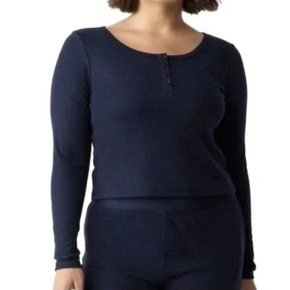 GAP Body Womens Small Long Sleeve Ribbed Henley Pajama Top in Navy Blue $45 1748